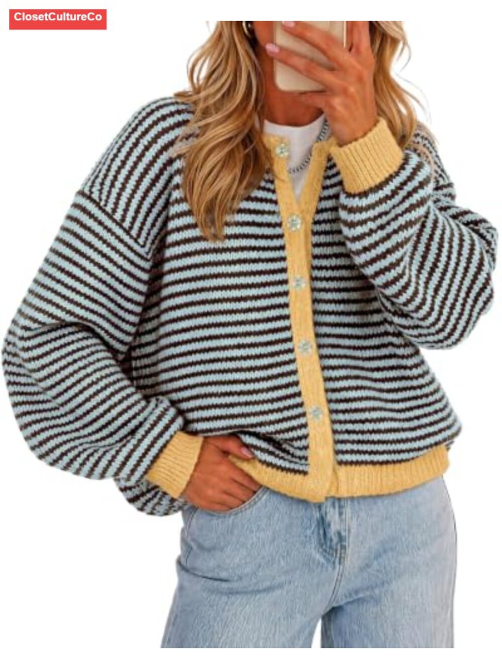 Striped Button Up Long Sleeve Knit Cardigan Sweater